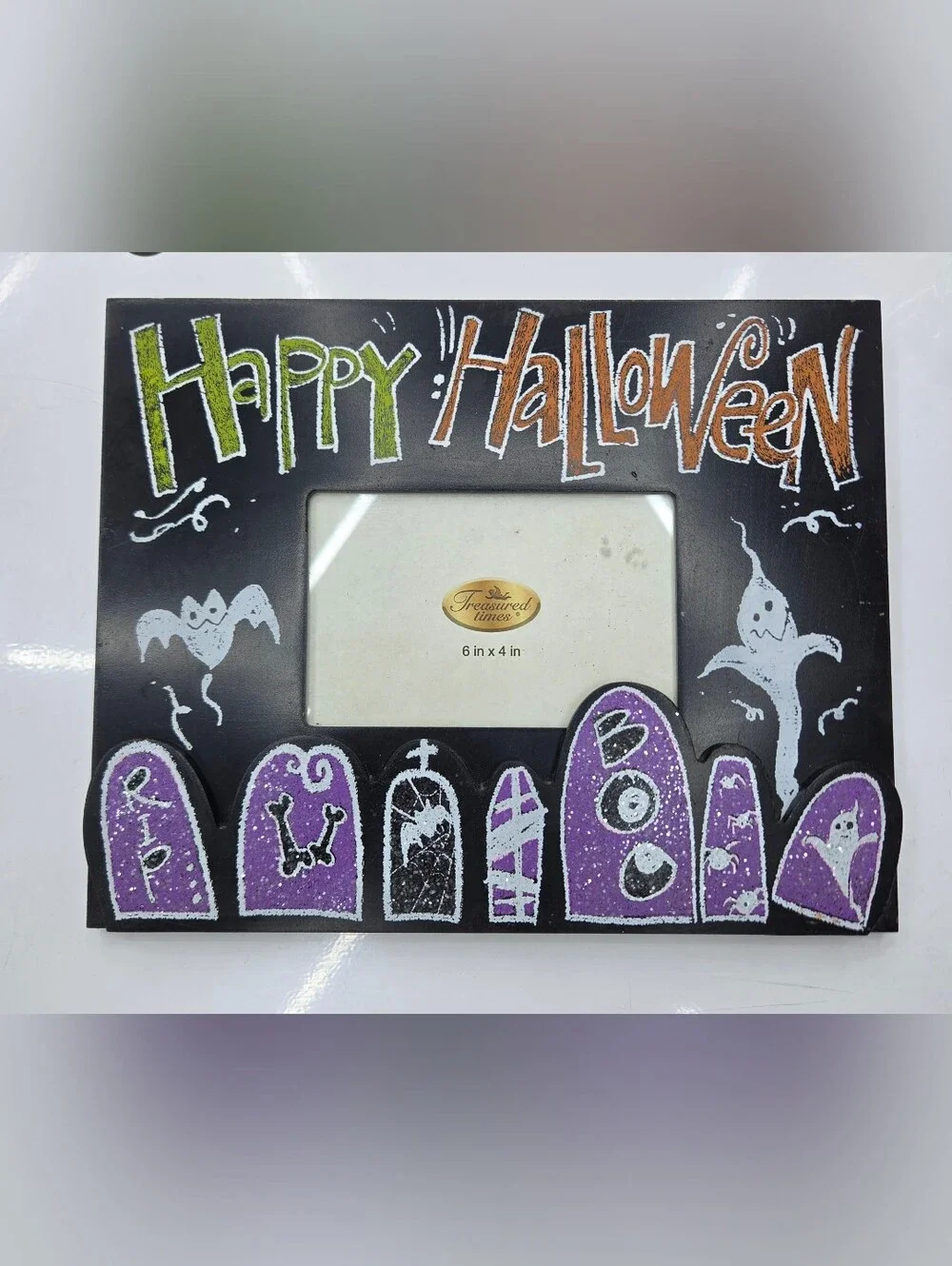 Vintage Halloween Picture Frame 4x6 Treasured Times Spooky Tombstones Ghost Bat